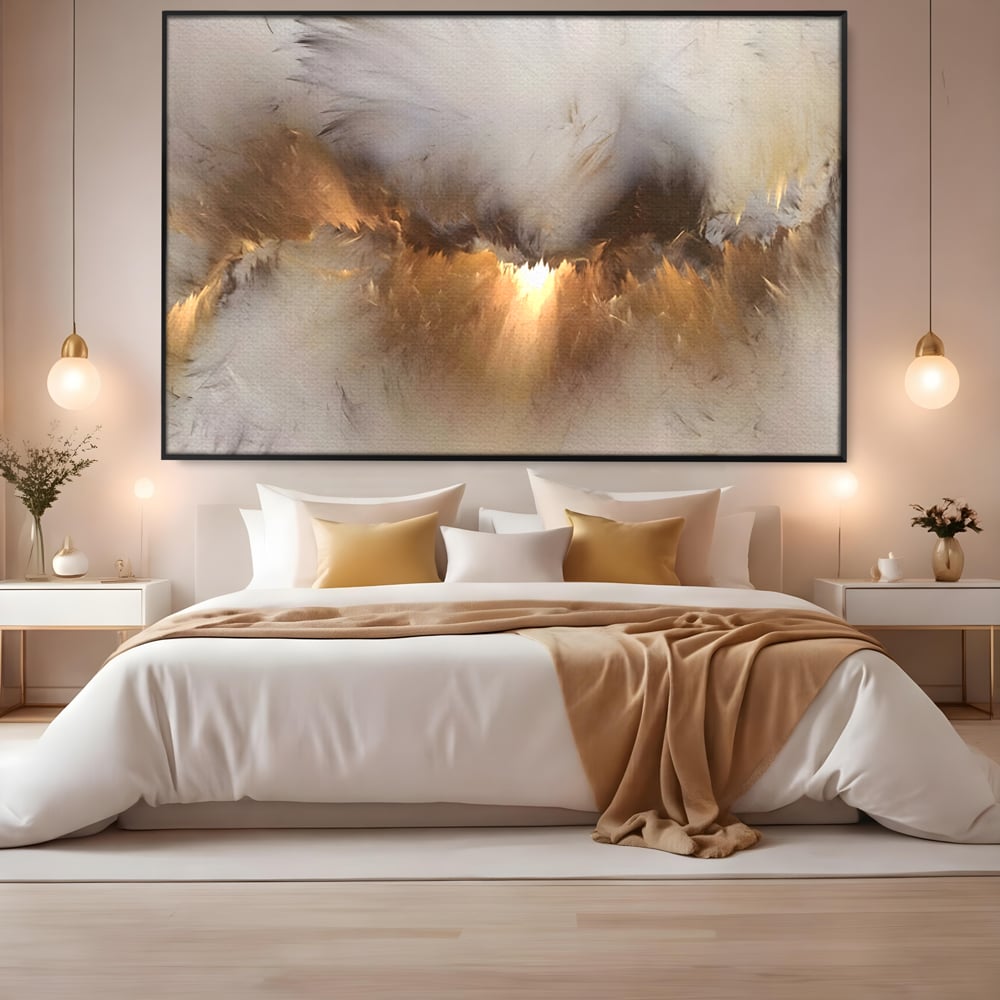 Tablou canvas cu tablou canvas cu peisaj abstract luminos, in rama de aluminiu negru, pe perete intr-un dormitor